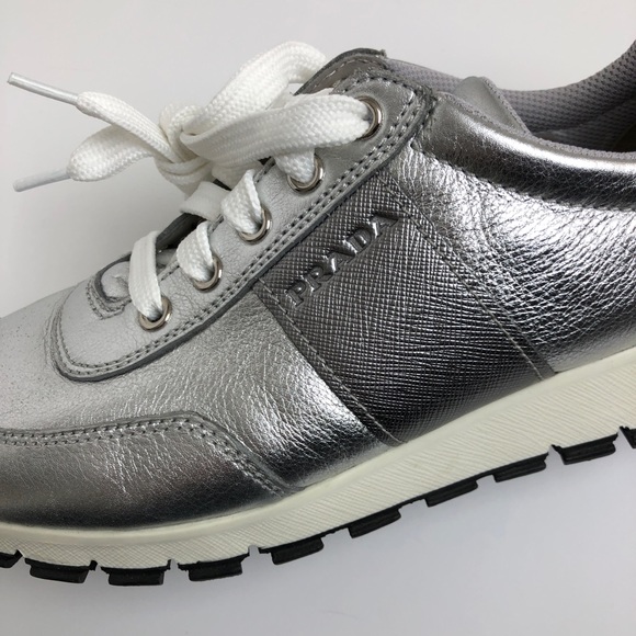 Prada silver leather lace up sneakers - Picture 2 of 11